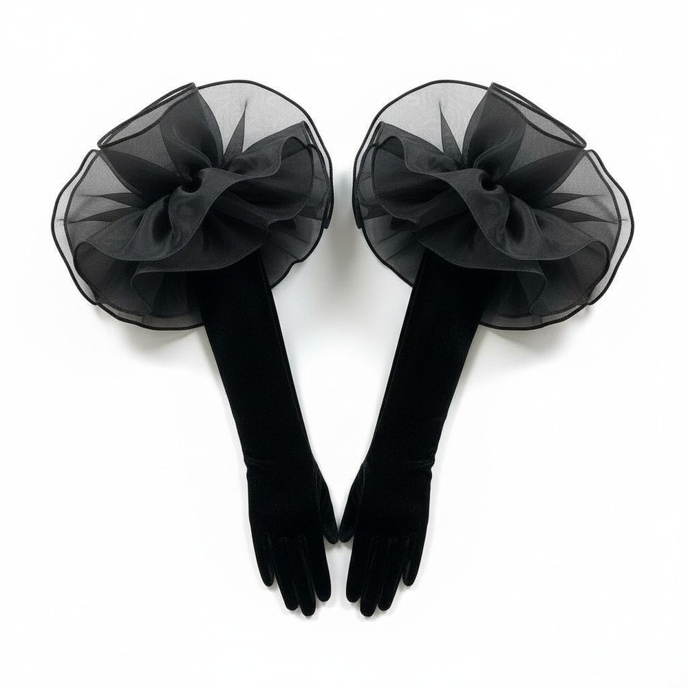 New Black Velvet Opera Evening Gloves Large Tulle Puff Vintage Style Long Formal
